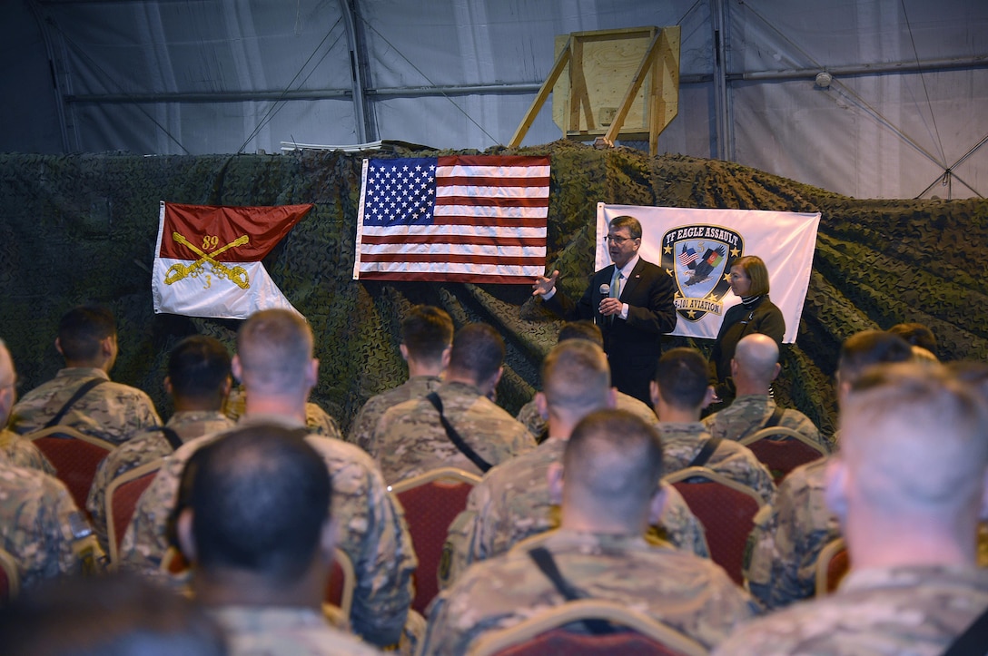 U.S. Defense Secretary Ash Carter and his wife, Stephanie, speak at a troop event on Forward Operating Base Fenty in Jalalabad, Afghanistan, Dec. 18, 2015. U.S. Air Force photo by Staff Sgt. Tony Coronado