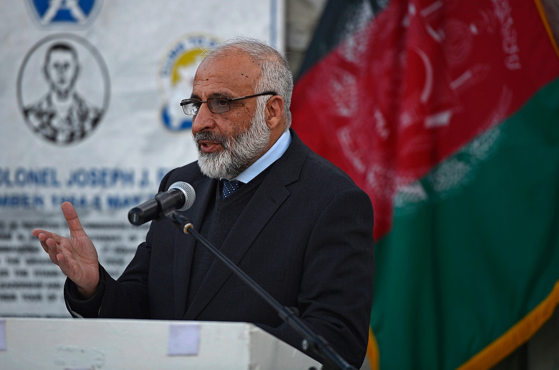 Afghan Defense Minister Masoom Stanekzai speaks during a news conference with U.S. Defense Secretary Ash Carter on Forward Operating Base Fenty in Jalalabad, Afghanistan, Dec. 18, 2015. U.S. Air Force photo by Staff Sgt. Tony Coronado