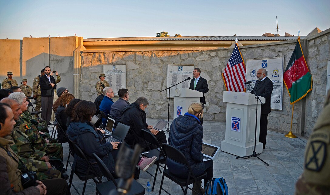 U.S. Defense Secretary Ash Carter and Afghan Defense Minister Masoom Stanekzai conduct a news conference on Forward Operating Base Fenty in Jalalabad, Afghanistan, Dec. 18, 2015. U.S. Air Force photo by Staff Sgt. Tony Coronado