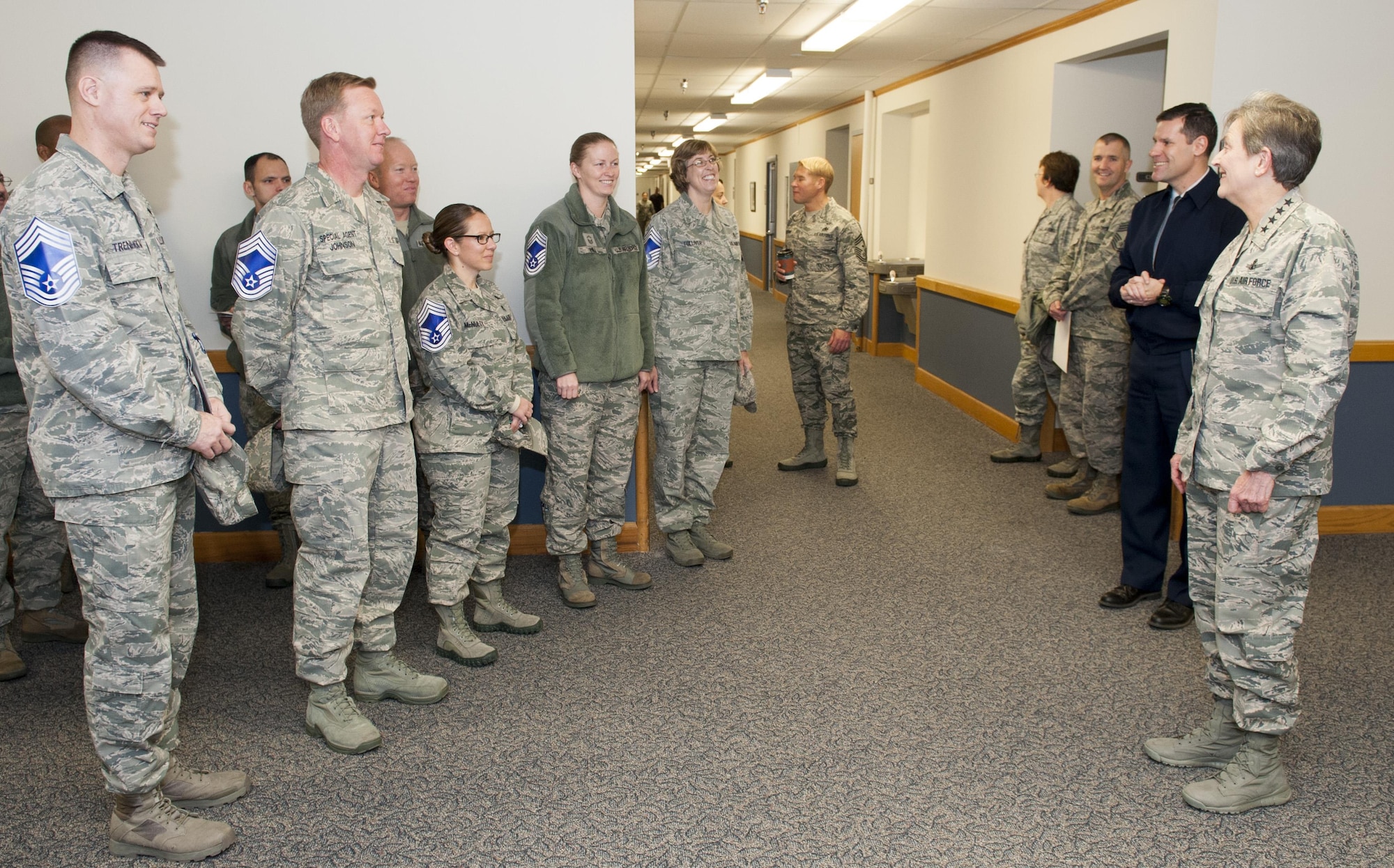 Gen. Ellen Pawlikowski, commander of the Air Force Materiel Command, talks to the new chief selects of Wright-Patterson Air Force Base, Ohio, Thursday, Dec. 17, 2015. By congressional mandate, only 1 percent of the enlisted force obtains the rank of chief master sergeant. (U.S Air Force photo by Senior Airman Samuel Earick)