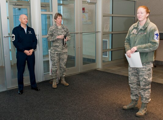 Senior Master Sgt. Sara Hill, member of the National Air and Space Intelligence Center, gives a speech to the chiefs of Wright-Patterson Air Force Base, Ohio, after finding out she was selected for the rank of chief master sergeant, Thursday, Dec. 17, 2015. By congressional mandate, only 1 percent of the enlisted force obtains the rank of chief master sergeant. (U.S Air Force photo by Senior Airman Samuel Earick)