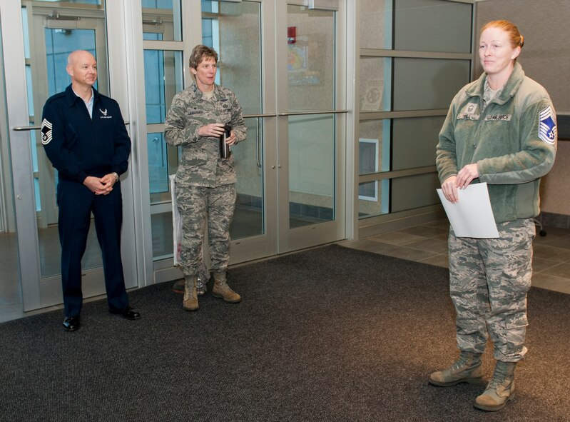Senior Master Sgt. Sara Hill, member of the National Air and Space Intelligence Center, gives a speech to the chiefs of Wright-Patterson Air Force Base, Ohio, after finding out she was selected for the rank of chief master sergeant, Thursday, Dec. 17, 2015. By congressional mandate, only 1 percent of the enlisted force obtains the rank of chief master sergeant. (U.S Air Force photo by Senior Airman Samuel Earick)