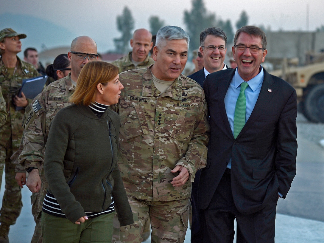 U.S. Army Gen. John F. Campbell shares a light moment with U.S. Defense Secretary Ash Carter and Carter’s wife, Stephanie, on Forward Operating Base Fenty in Jalalabad, Afghanistan, Dec. 18, 2015. U.S. Air Force photo by Staff Sgt. Tony Coronado