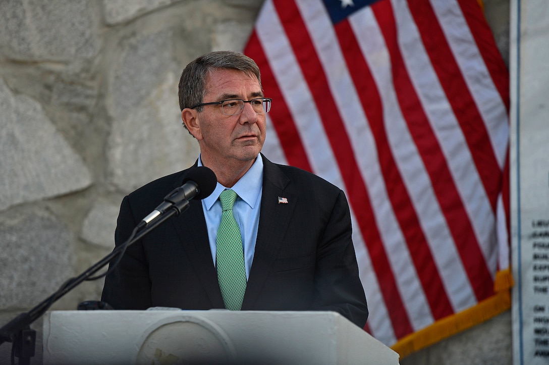 U.S. Defense Secretary Ash Carter delivers remarks during a press conference on Forward Operating Base Fenty in Jalalabad, Afghanistan, Dec. 18, 2015. U.S. Air Force photo by Staff Sgt. Tony Coronado
