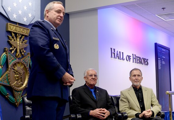 Air Force Chief of Staff Gen. Mark A. Welsh III congratulates retired Chief Master Sgt. Ronald W. Brodeur and Eric L. Roberts II after presenting them with the Silver Star during a ceremony at the Pentagon in Washington D.C., Dec. 17, 2015. Brodeur and Roberts received their medals for their gallant action in Vietnam. (U.S. Air Force photo/Scott M. Ash)