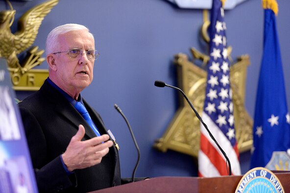 Retired Chief Master Sgt. Ronald W. Brodeur thanks Air Force Chief of Staff Gen. Mark A. Welsh III after receiving the Silver Star during a ceremony at the Pentagon in Washington D.C., Dec. 17, 2015. Brodeur received the medal for his gallant action in Vietnam. (U.S. Air Force photo/Scott M. Ash)