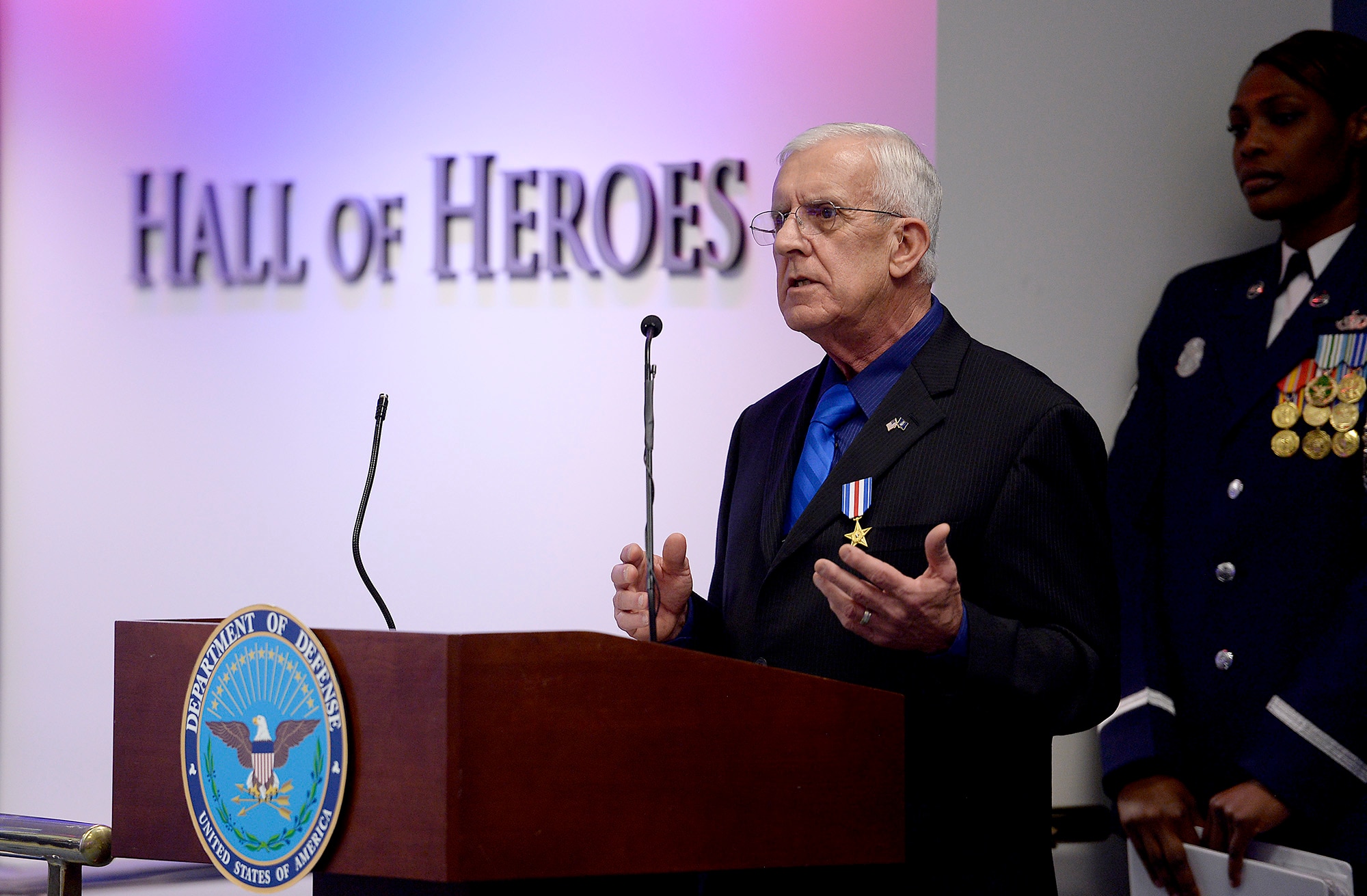 Retired Chief Master Sgt. Ronald W. Brodeur thanks Air Force Chief of Staff Gen. Mark A. Welsh III and the audience after receiving the Silver Star during a ceremony at the Pentagon in Washington D.C., Dec. 17, 2015. Brodeur received the medal for his gallant action in Vietnam. (U.S. Air Force photo/Scott M. Ash)