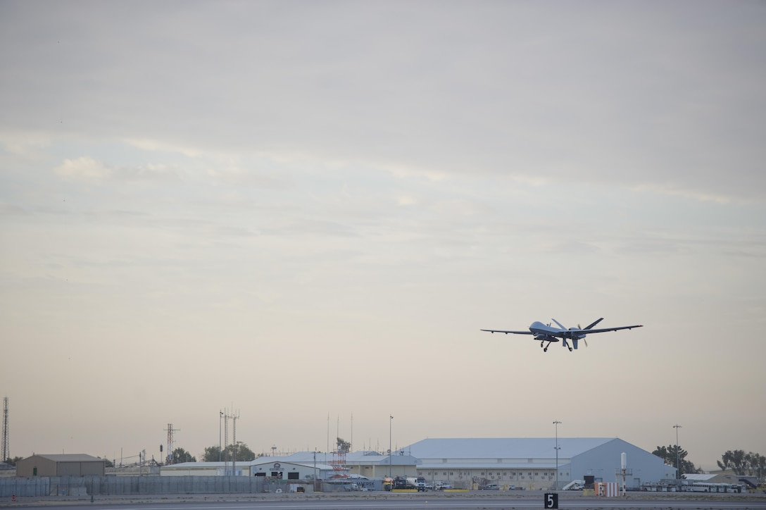 An MQ-9 Reaper with an extended range modification takes off for a sortie from Kandahar Airfield, Afghanistan, Dec. 6, 2015. The Reaper is assigned to the 62nd Expeditionary Reconnaissance Squadron. U.S. Air Force photo by Tech. Sgt. Robert Cloys