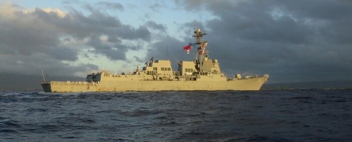 151217-N-DT805-130 PEARL HARBOR (Dec. 17, 2015) The guided-missile destroyer USS Chafee (DDG 90) returns to Joint Base Pearl Harbor-Hickam following an independent deployment to the Western Pacific. Deployed since May, the crew of more than 350 Sailors steamed a total of 42,000 nautical miles across the U.S. 3rd, 4th and 7th Fleet areas of operation. While deployed Chafee conducted various theater security operations and goodwill activities with partner nations.  Chafee also escorted USS George Washington (CVN 73) during a Southern Sea deployment around South America and through the Straits of Magellan before the carrier's return to Norfolk, Va., this month. (U.S. Navy photo by Chief Mass Communication Specialist John M. Hageman/Released)