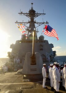 151217-N-DT805-231 PEARL HARBOR (Dec. 17, 2015) The guided-missile destroyer USS Chafee (DDG 90) returns to Joint Base Pearl Harbor-Hickam following an independent deployment to the Western Pacific. Deployed since May, the crew of more than 350 Sailors steamed a total of 42,000 nautical miles across the U.S. 3rd, 4th and 7th Fleet areas of operation. While deployed Chafee conducted various theater security operations and goodwill activities with partner nations.  Chafee also escorted USS George Washington (CVN 73) during a Southern Sea deployment around South America and through the Straits of Magellan before the carrier's return to Norfolk, Va., this month. (U.S. Navy photo by Chief Mass Communication Specialist John M. Hageman/Released)