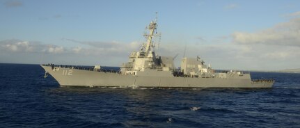 151217-N-DT805-240 PEARL HARBOR (Dec. 17, 2015) The guided-missile destroyer USS Michael Murphy (DDG 112) renders honors to USS Chafee (DDG 90) as it returns to Joint Base Pearl Harbor-Hickam following an independent deployment to the Western Pacific. Deployed since May, the crew of more than 350 Sailors steamed a total of 42,000 nautical miles across the U.S. 3rd, 4th and 7th Fleet areas of operation. While deployed Chafee conducted various theater security operations and goodwill activities with partner nations.  Chafee also escorted USS George Washington (CVN 73) during a Southern Sea deployment around South America and through the Straits of Magellan before the carrier's return to Norfolk, Va., this month. (U.S. Navy photo by Chief Mass Communication Specialist John M. Hageman/Released)