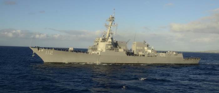 151217-N-DT805-240 PEARL HARBOR (Dec. 17, 2015) The guided-missile destroyer USS Michael Murphy (DDG 112) renders honors to USS Chafee (DDG 90) as it returns to Joint Base Pearl Harbor-Hickam following an independent deployment to the Western Pacific. Deployed since May, the crew of more than 350 Sailors steamed a total of 42,000 nautical miles across the U.S. 3rd, 4th and 7th Fleet areas of operation. While deployed Chafee conducted various theater security operations and goodwill activities with partner nations.  Chafee also escorted USS George Washington (CVN 73) during a Southern Sea deployment around South America and through the Straits of Magellan before the carrier's return to Norfolk, Va., this month. (U.S. Navy photo by Chief Mass Communication Specialist John M. Hageman/Released)