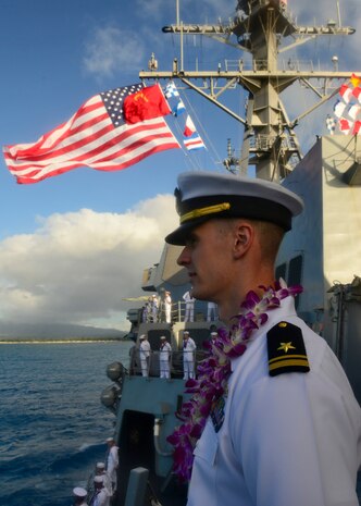151217-N-DT805-258 PEARL HARBOR (Dec. 17, 2015) Lt. jg Alexander Boddiford mans the rails of the guided-missile destroyer USS Chafee (DDG 90) as it returns to Joint Base Pearl Harbor-Hickam following an independent deployment to the Western Pacific. Deployed since May, the crew of more than 350 Sailors steamed a total of 42,000 nautical miles across the U.S. 3rd, 4th and 7th Fleet areas of operation. While deployed Chafee conducted various theater security operations and goodwill activities with partner nations.  Chafee also escorted USS George Washington (CVN 73) during a Southern Sea deployment around South America and through the Straits of Magellan before the carrier's return to Norfolk, Va., this month. (U.S. Navy photo by Chief Mass Communication Specialist John M. Hageman/Released)