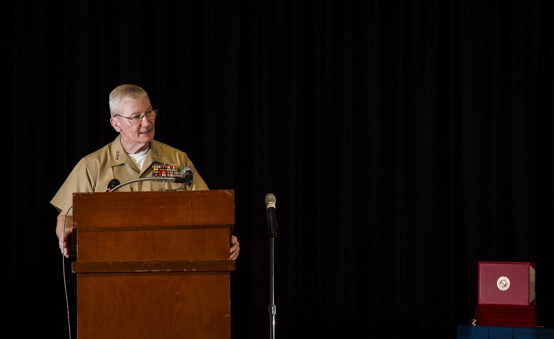 Lt. Gen. John A. Toolan, commander, U.S. Marine Corps Forces, Pacific, speaks during the First Responder Recognition Ceremony at the Neal S. Blaisdell Center, in Honolulu, Dec. 18, 2015.  U.S. Marine Corps Forces, Pacific recognized Honolulu's first responders who assisted during the rescue and treatment of Marines and sailors in the aftermath of the 15th Marine Expeditionary Unit MV-22 Osprey tilt-rotor aircraft mishap.