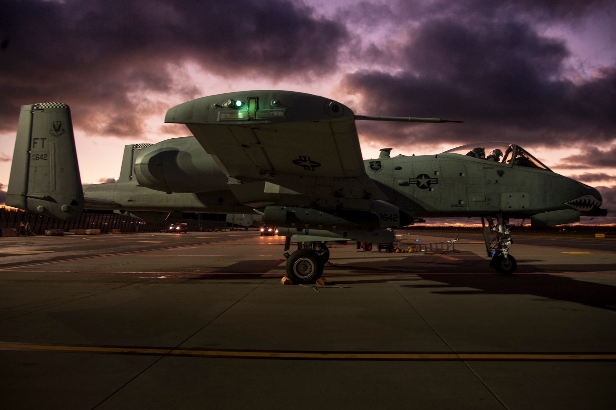An A-10 Thunderbolt II attack aircraft, assigned to the 74th Expeditionary Fighter Squadron sits on the flightline during pre-flight inspections, Nov. 11, 2015, at Amari Air Base, Estonia. The 74th EFS aircraft are deployed from the 23d Wing at Moody Air Force Base, Ga., as part of theater security package in support of Operation Atlantic Resolve. (U.S. Air Force photo by Andrea Jenkins/Released)