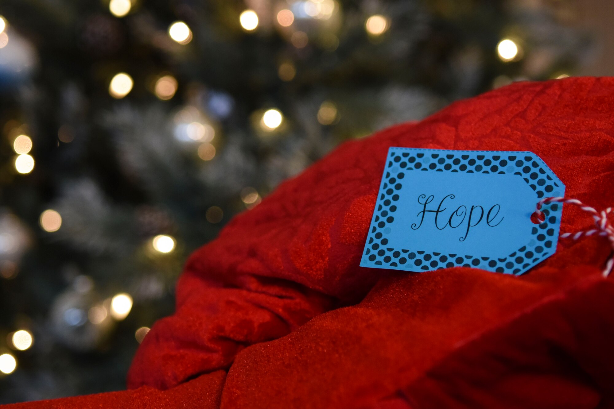 A stocking awaits delivery, Dec. 17, 2015, at Seymour Johnson Air Force Base, North Carolina. The 4th Fighter Wing Chapel delivered 200 stockings to Airmen living in the dorms and Airmen of the 372nd Training Squadron, Det. 1 technical school students. (U.S. Air Force photo/Airman Shawna L. Keyes)