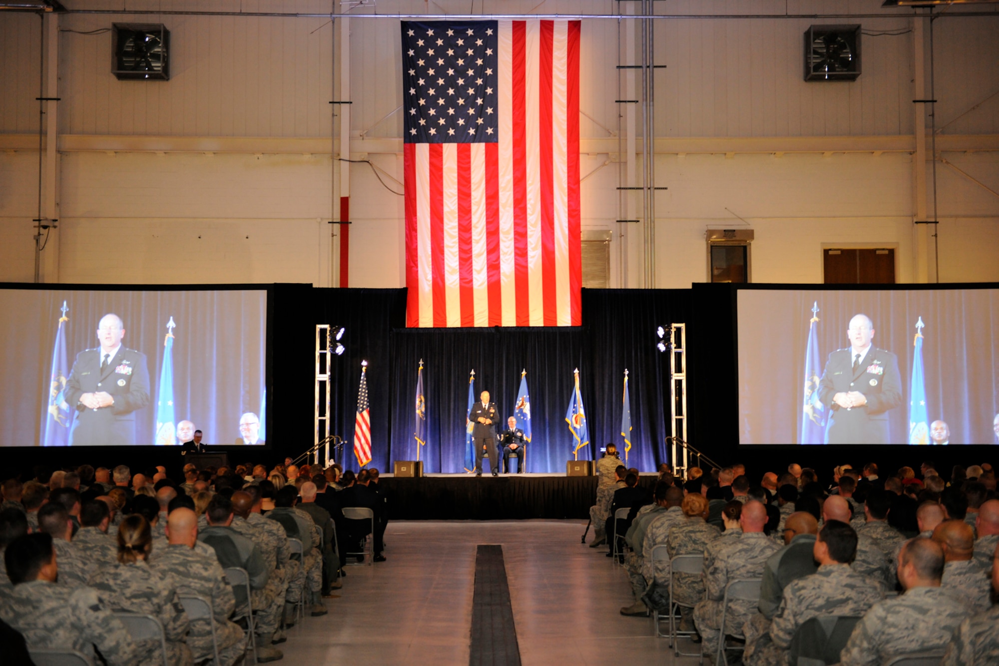 Brig. Gen. John D. Slocum, 127th Wing commander, addresses the assembled Airmen of the Wing during the Wing’s annual awards ceremony at Selfridge Air National Guard Base, Mich., Dec. 5, 2015. The ceremony recognizes the accomplishments of individual Airmen and of the Wing as a whole. (U.S. Air National Guard photo by Master Sgt. David Kujawa)