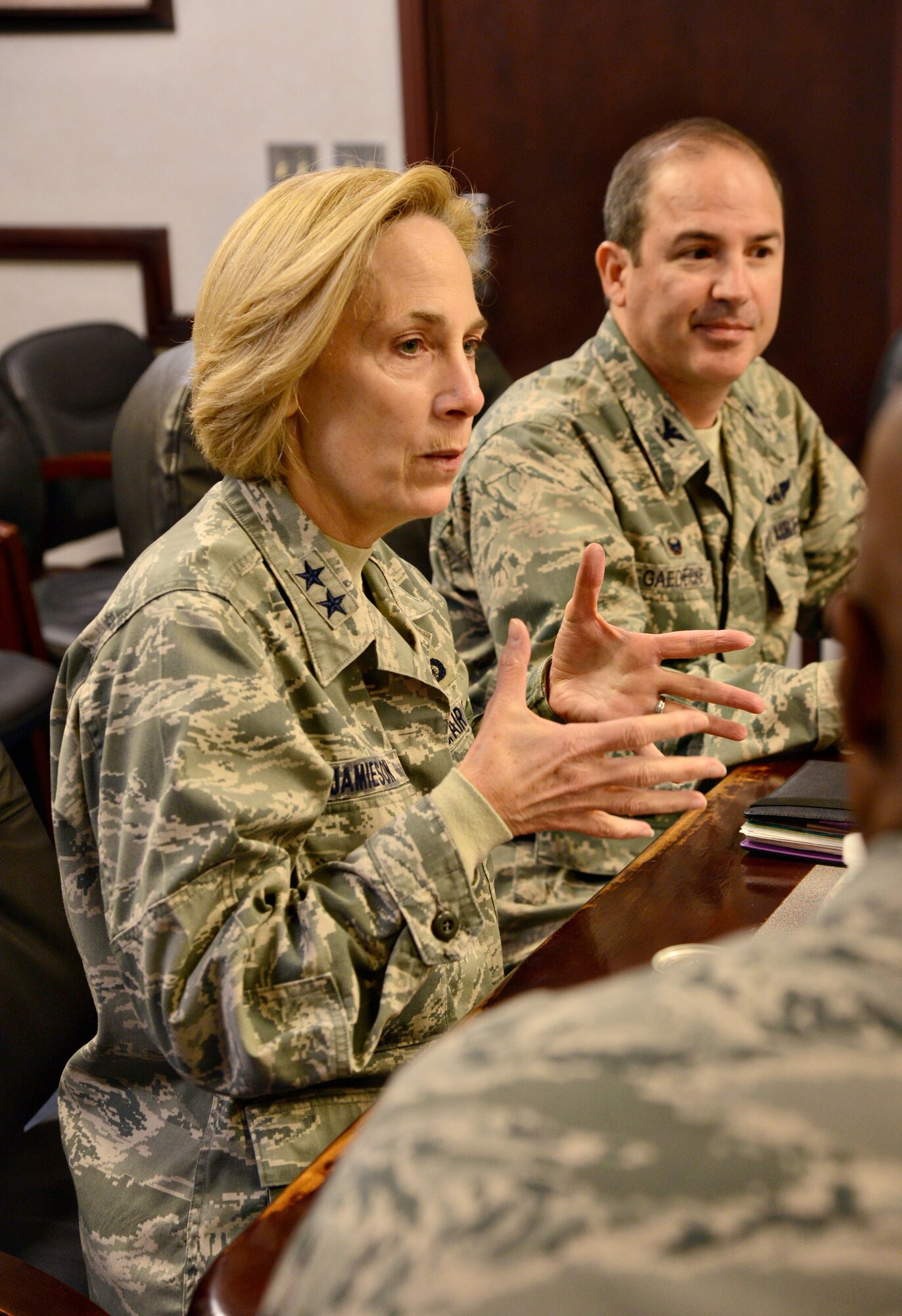 Maj. Gen. VeraLinn Jamieson, director of Intelligence, Air Combat Command, Joint Base Langley-Eustis, Va., visited the 552nd Air Control Wing and the Oklahoma City Air Logistics Complex on Dec. 1-2. The general was given an overview of the three groups within the 552nd ACW, she briefed 552nd members on fusion warfare and shared a working lunch with intel Airmen during her visit to Tinker. With the general is 552nd ACW Commander Col. David Gaedecke. (Air Force photo by Kelly White/Released)