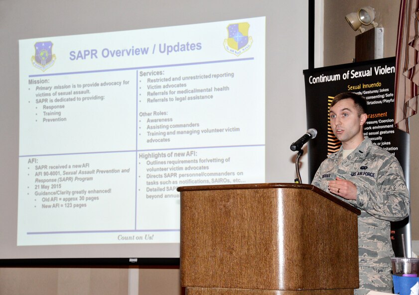 First Lt. Shaun Berger, deputy Sexual Assault Response Coordinator, gives an overview of the SAPR office’s mission and services during the Dec. 8 Sexual Assault Prevention and Response Symposium at the Tinker Club. Lieutenant Berger also discussed new Air Force Instructions to their program. One of the big changes is that SAPR services are now available to Department of Defense Air Force civilians. Civilians are eligible for restricted and unrestricted reporting, victim advocates and referrals to off-base medical and mental health through the YMCA. At this time, civilians are not eligible for legal or non-emergency medical services. The symposium offered valuable information from key people in organizations around base who support SAPR in various ways, such as the office of special investigations, judge advocate office and family advocacy. (Air Force photo by Kelly White/Released)