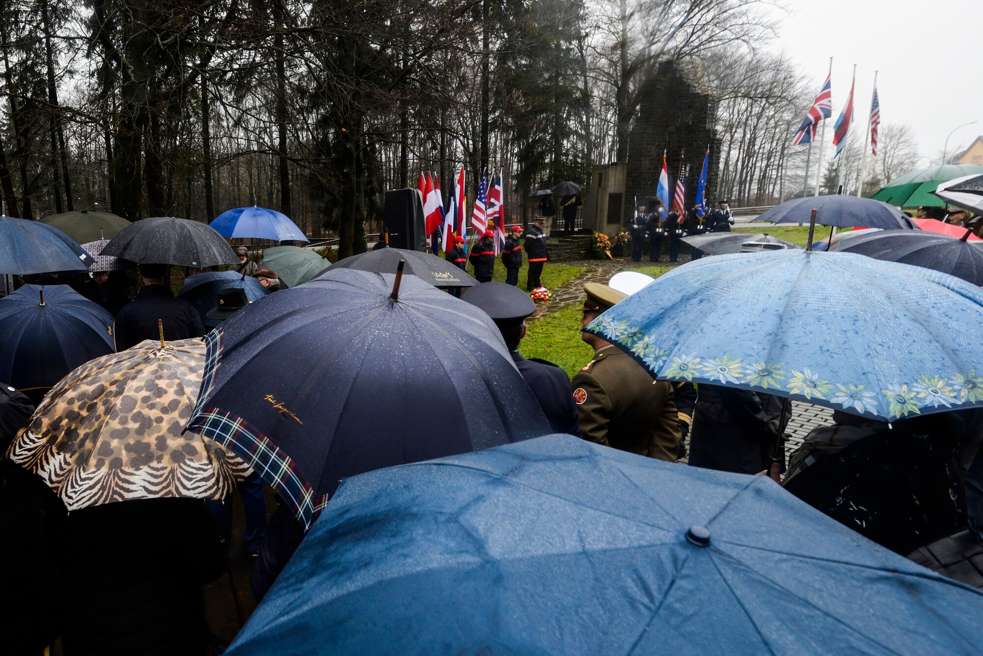 More than 50 spectators hold up umbrellas during a Battle of the Bulge anniversary ceremony at the National Liberation Memorial in Schumanns Eck, Luxembourg, Dec. 16, 2015. The community erected the memorial in 1994 to commemorate the 50th anniversary of the Battle of the Bulge. (U.S. Air Force photo by Staff Sgt. Christopher Ruano/Released)