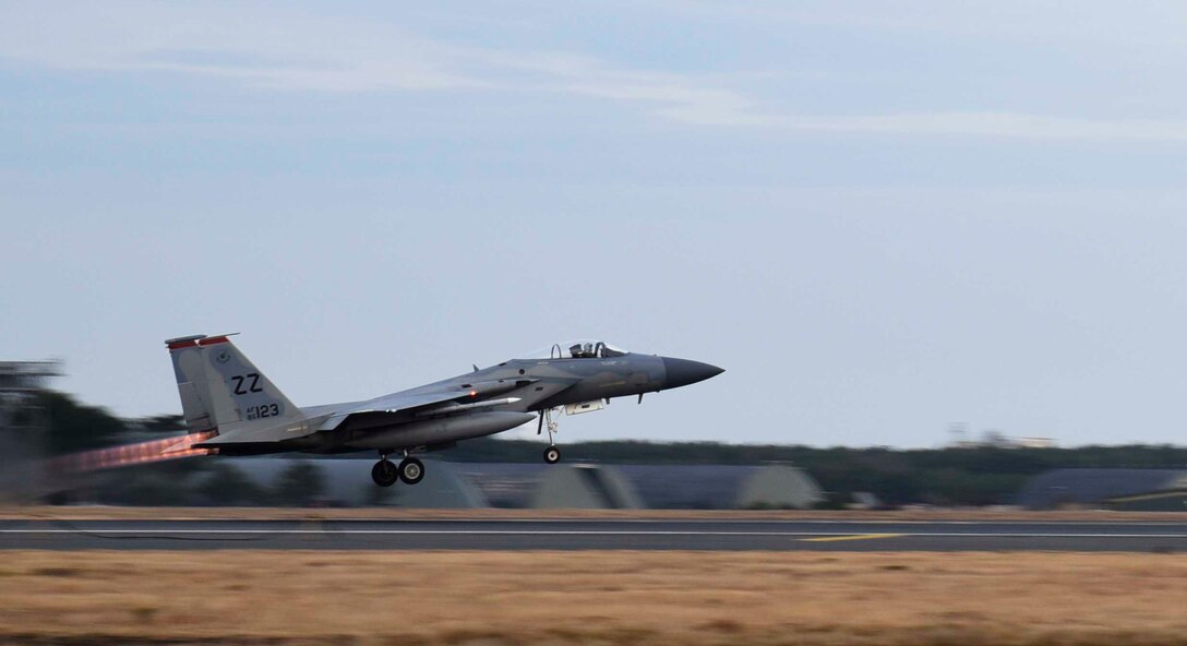 An F-15 Eagle takes off during an Aviation Training Relocation at Misawa Air Base, Japan, Dec. 15, 2015. Fifteen jets from Kadena Air Base, Japan, trained here for a two-week-long fighter aircraft combat exercise. The exercise allowed F-15 Eagle pilots to train alongside Japanese Air Self-Defense Force aircraft while conquering language barriers. (U.S. Air Force photo by Airman 1st Class Jordyn Fetter/Released)