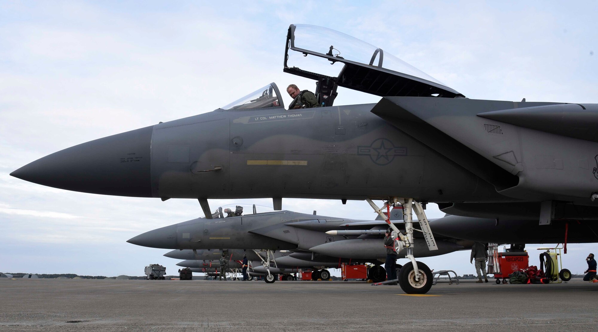 U.S. Air Force Capt. Brian Anderson, 67th Fighter Squadron pilot, prepares for a flight mission at Misawa Air Base, Japan, Dec. 15, 2015. Pilots demonstrated interoperability during this Aviation Training Relocation by conducting fighter aircraft combat training with their Japanese Air Self-Defense Force counterparts. (U.S. Air Force photo by Airman 1st Class Jordyn Fetter/Released)