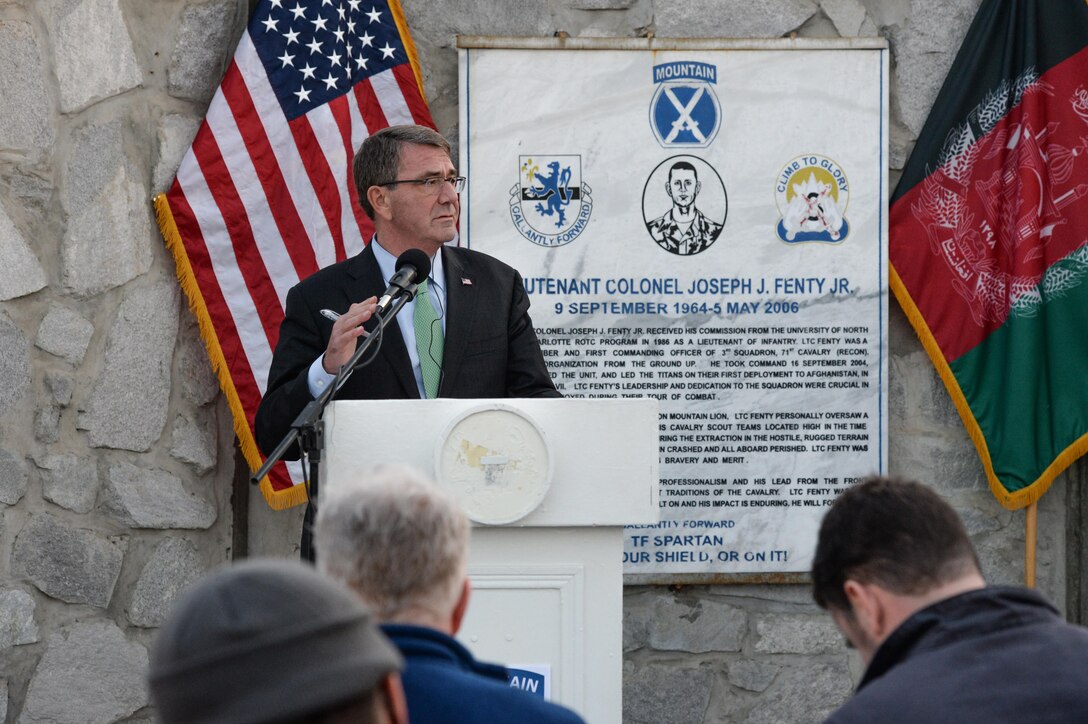 Secretary of Defense Ash Carter holds a joint press conference with Afghanistan Defense Minister Mohammed Masoom Stanekzai on Forward Operating Base Fenty on Dec. 18, 2015. DoD photo by U.S. Army Sgt. 1st Class Clydell Kinchen