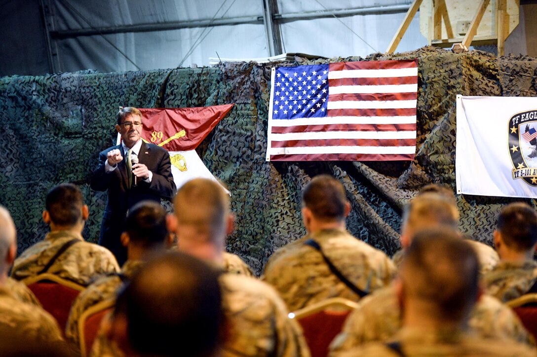 U.S. Defense Secretary Ash Carter speaks to troops on Forward Operating Base Fenty in Afghanistan, Dec. 18, 2015. Carter is on a weeklong trip in which he is visiting leaders and deployed service members in the Middle East and Afghanistan. DoD photo by U.S. Army Sgt. 1st Class Clydell Kinchen