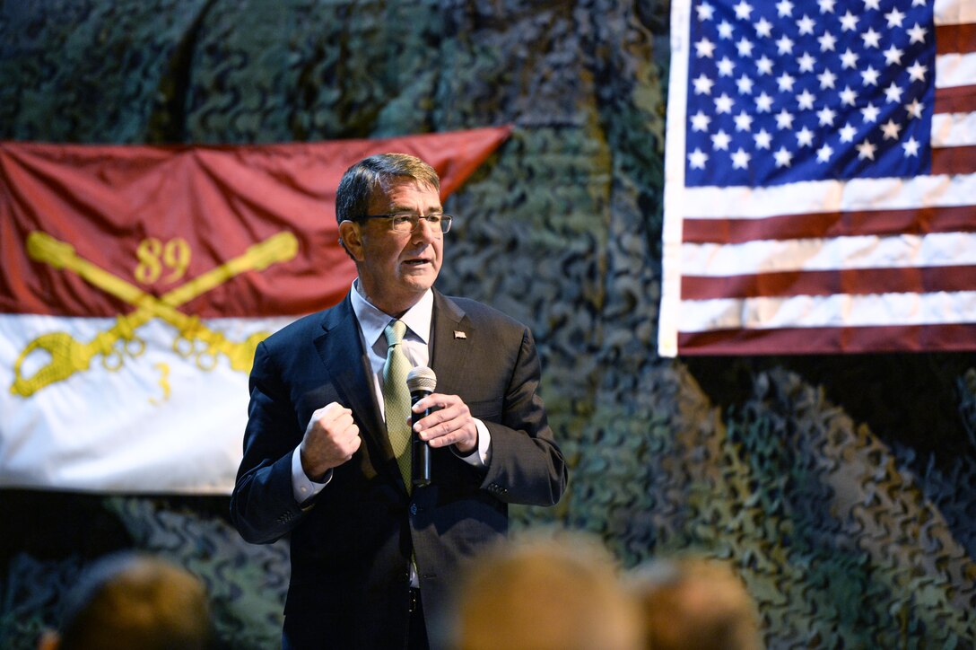 U.S. Defense Secretary Ash Carter speaks to troops on Forward Operating Base Fenty in Afghanistan, Dec. 18, 2015. Carter has been on a week long middle east trip. DoD photo by U.S. Army Sgt. 1st Class Clydell Kinchen