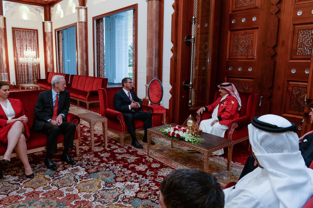 U.S. Defense Secretary Ash Carter meets with the King of Bahrain Hamad bin Isa Al Khalifa on Dec. 19, 2015. Carter is on a weeklong trip in which he is visiting leaders and deployed service members in the Middle East and Afghanistan. DoD photo by Army Sgt. 1st Class Clydell Kinchen