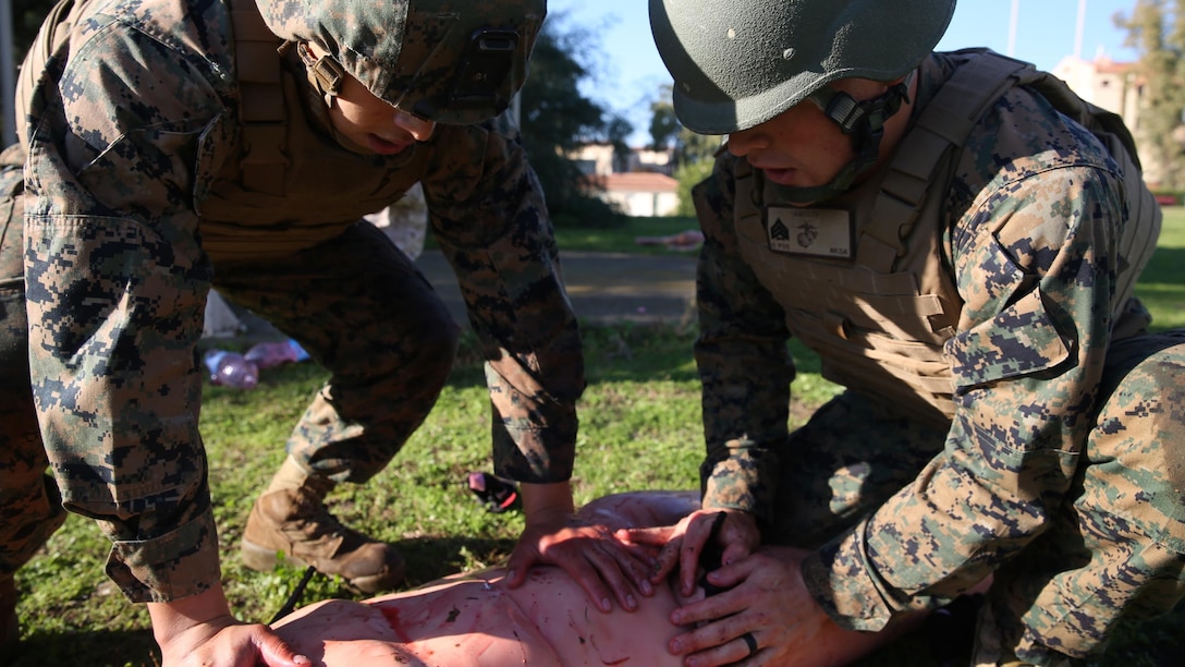 Nearly 30 Marines participate in a Tactical Combat Casualty Care course to learn how to save lives in combat situations, Dec. 14-18, 2015 on Naval Air Station Sigonella, Italy. Medical officers and corpsmen with Special-Purpose Marine Air-Ground Task Force Crisis Response-Africa taught the Marines how to apply emergency medical services to injured service members in the event a corpsman is injured or not near a casualty.The Marines and sailors are deployed to NAS Sigonella, Italy, with Special-Purpose Marine Air-Ground Task Force Crisis Response-Africa.