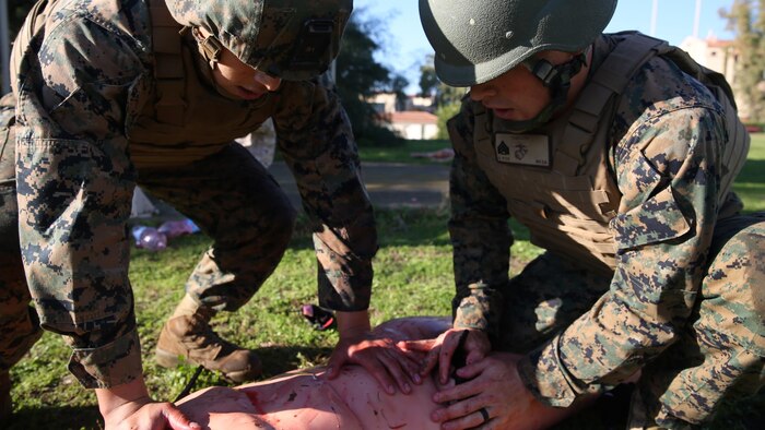 Nearly 30 Marines participate in a Tactical Combat Casualty Care course to learn how to save lives in combat situations, Dec. 14-18, 2015 on Naval Air Station Sigonella, Italy. Medical officers and corpsmen with Special-Purpose Marine Air-Ground Task Force Crisis Response-Africa taught the Marines how to apply emergency medical services to injured service members in the event a corpsman is injured or not near a casualty.The Marines and sailors are deployed to NAS Sigonella, Italy, with Special-Purpose Marine Air-Ground Task Force Crisis Response-Africa.