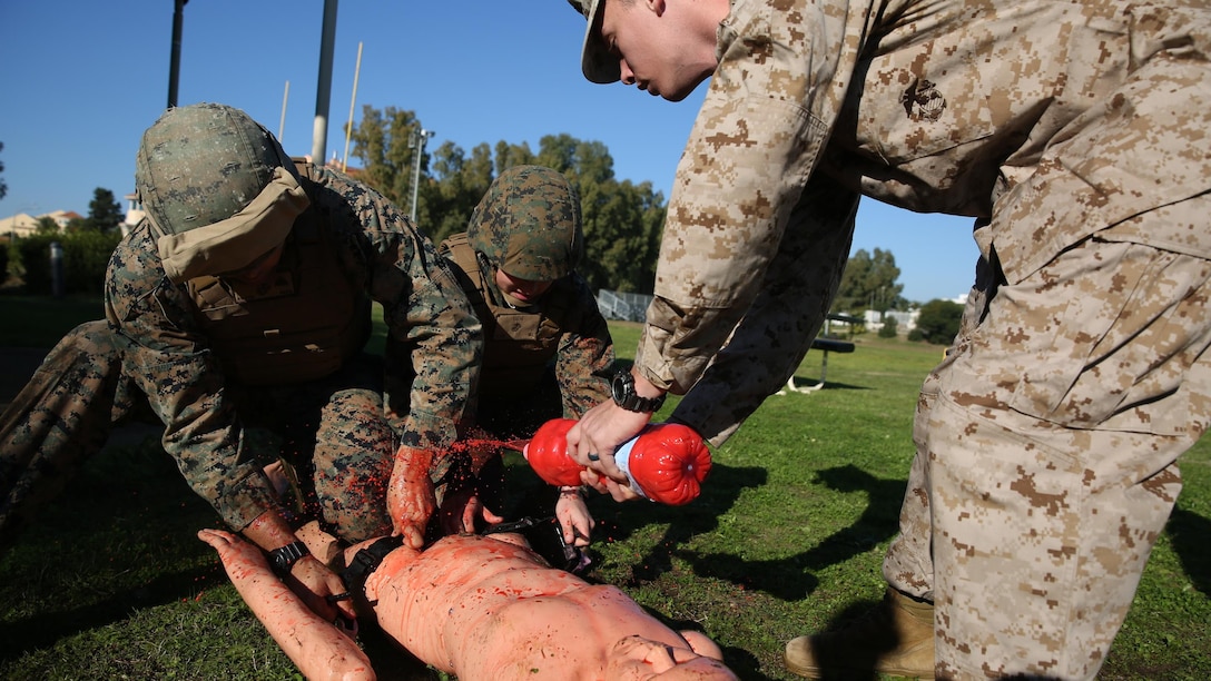 Nearly 30 Marines participate in a Tactical Combat Casualty Care course to learn how to save lives in combat situations, Dec. 14-18, 2015, on Naval Air Station Sigonella, Italy. Medical officers and corpsmen with Special-Purpose Marine Air-Ground Task Force Crisis Response-Africa taught the Marines how to apply emergency medical services to injured service members in the event a corpsman is injured or not near a casualty.The Marines and sailors are deployed to NAS Sigonella, Italy, with Special-Purpose Marine Air-Ground Task Force Crisis Response-Africa.