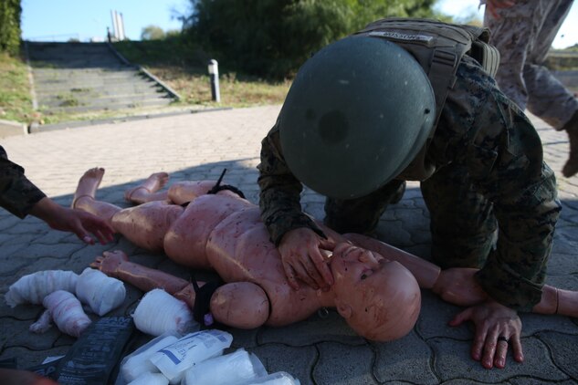 Nearly 30 Marines participate in a Tactical Combat Casualty Care course to learn how to save lives in combat situations, Dec. 14-18, 2015, on Naval Air Station Sigonella, Italy. Medical officers and corpsmen with Special-Purpose Marine Air-Ground Task Force Crisis Response-Africa taught the Marines how to apply emergency medical services to injured service members in the event a corpsman is injured or not near a casualty.The Marines and sailors are deployed to NAS Sigonella, Italy, with Special-Purpose Marine Air-Ground Task Force Crisis Response-Africa.