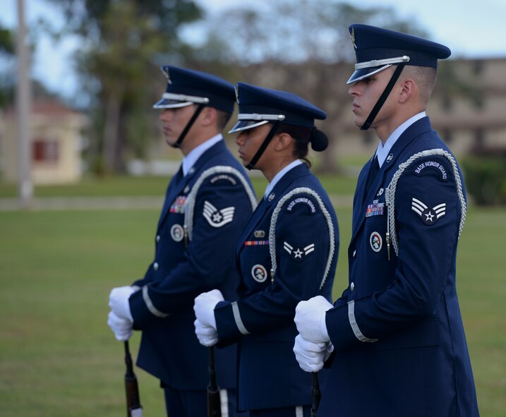 Andersen Blue Knights stand in formation during the Linebacker II Remembrance Ceremony Dec. 18, 2015, at Andersen Air Force Base, Guam. The bombing campaign, Operation Linebacker II, lasted for 11 days and intended to force the North Vietnamese Army into submission after peace negotiations fell through. (U.S. Air Force photo/Staff Sgt. Benjamin Gonsier)
