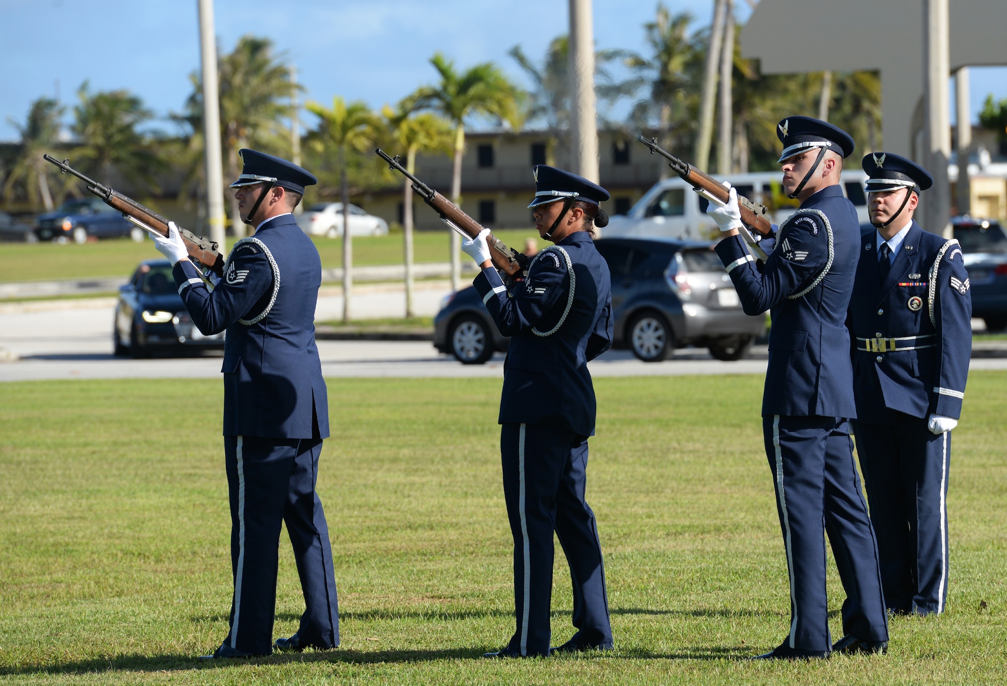 Andersen Blue Knights conduct a fire party sequence during the Linebacker II Remembrance Ceremony Dec. 18, 2015, at Andersen Air Force Base, Guam. After Operation Linebacker II, 15 B-52 Stratofortresses were lost and 33 Airmen were killed. (U.S. Air Force photo/Staff Sgt. Benjamin Gonsier)