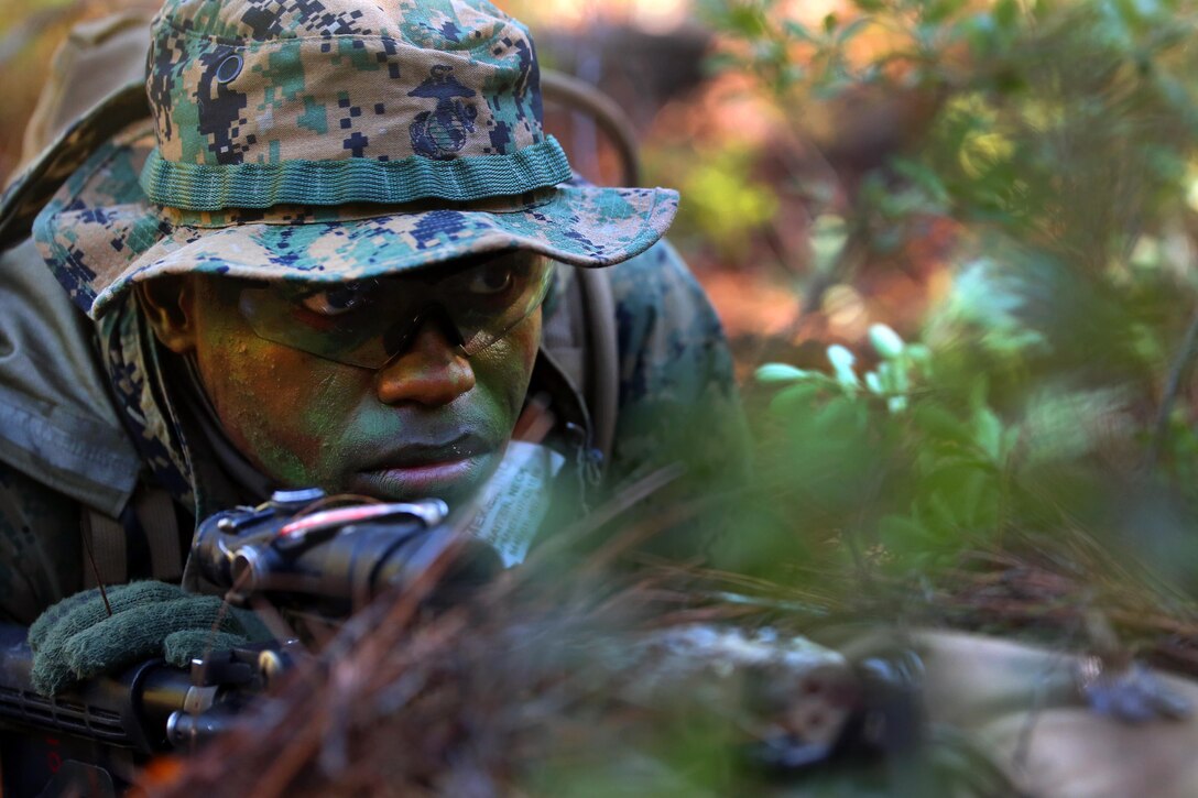 Marine Corps Pfc. Jean Joseph holds a security position during a patrolling exercise on Camp Lejeune, N.C., Dec 15, 2015. Joseph is a rifleman assigned to 2nd Light Armored Reconnaissance Battalion. The unit practiced patrolling techniques and set up patrol bases to maintain readiness. U.S. Marine Corps photo by Lance Cpl. Brianna Gaudi