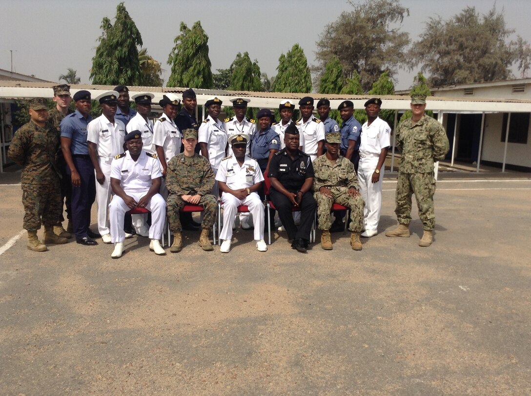 U.S. service members recently completed the second module of Tactical Intelligence Support to Maritime Operations course for the Ghanaian Navy and Maritime Police Force, Dec. 7-18, at Ghana’s Eastern Naval Command Headquarters here. This course has already paid dividends, according to Foster Kotoku, the Ghanaian Maritime Police Force assistant superintendent. During the two-week course, students from the Ghanaian Maritime Police Force seized an undisclosed amount of illicit drugs from a smuggler on a ferry. With follow-on questioning, the police forces were led to a higher connection in the drug trade.
