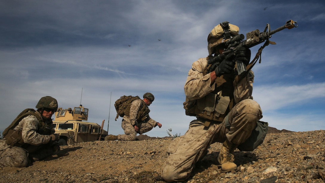 Lance Cpl. Alex Chagaris sights in on the location of an unmanned aerial vehicle to be recovered during the Tactical Recovery of Aircraft and Personnel portion of a Marine Corps Combat Readiness Evaluation at Marine Corps Air Ground Combat Center Twentynine Palms, Calif., Dec. 3, 2015. TRAP’s placement in a MCCRE is meant to evaluate Marines on this mission set which is performed for the specific purpose of the recovery of personnel, equipment, and/or aircraft by the insertion of a TRAP force. Lance Cpl. Chagaris is a Santa Monica native and a team leader with Company F, 2nd Battalion, 7th Marine Regiment, 1st Marine Division.