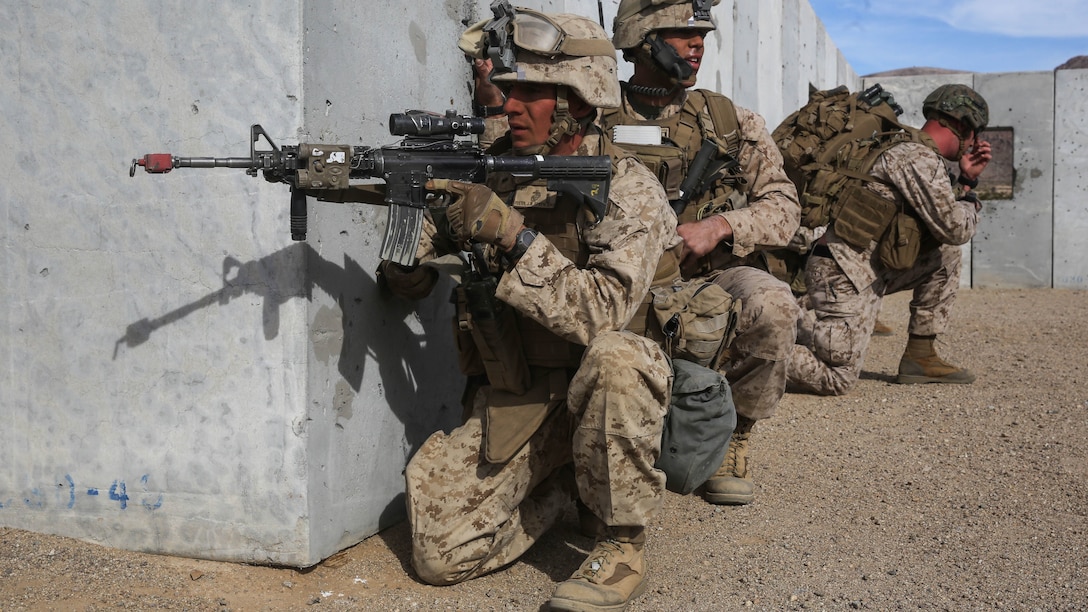 1st Lt. Joshua Foster provides security for his team during the Tactical Recovery of Aircraft and Personnel portion of the Marine Corps Combat Readiness Evaluation at Marine Corps Air Ground Combat Center Twentynine Palms, Calif., Dec. 3, 2015. TRAP’s placement in a MCCRE is meant to evaluate Marines on this mission set which is performed for the specific purpose of the recovery of personnel, equipment, and/or aircraft by the insertion of a TRAP force. 1st Lt. Foster is a platoon commander with 2nd Battalion, 7th Marine Regiment, 1st Marine Division. 