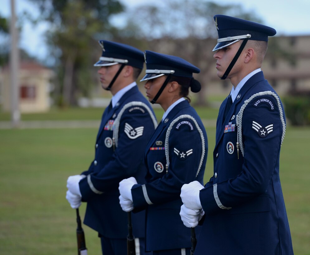 Andersen Blue Knights stand in formation during the Linebacker II Remembrance Ceremony Dec. 18, 2015, at Andersen Air Force Base, Guam. The bombing campaign, Operation Linebacker II, lasted for 11 days and intended to force the North Vietnamese Army into submission after peace negotiations fell through. (U.S. Air Force photo/Staff Sgt. Benjamin Gonsier)
