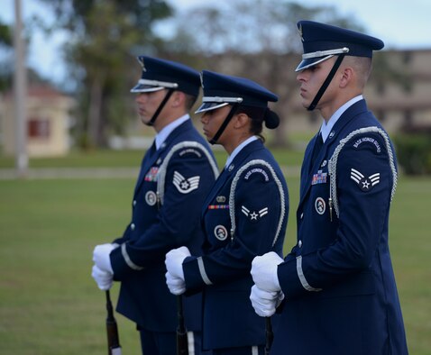 Andersen Blue Knights stand in formation during the Linebacker II Remembrance Ceremony Dec. 18, 2015, at Andersen Air Force Base, Guam. The bombing campaign, Operation Linebacker II, lasted for 11 days and intended to force the North Vietnamese Army into submission after peace negotiations fell through. (U.S. Air Force photo/Staff Sgt. Benjamin Gonsier)