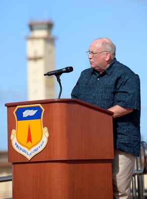 Dr. James Willbanks, director of the Department of Military History at U.S. Army Command and General Staff College, speaks about his experience during the Vietnam War during the Linebacker II Remembrance Ceremony Dec. 18, 2015, at Andersen Air Force Base, Guam. Willbanks was an infantry captain during his time in Vietnam and witnessed numerous B-52 bombing campaigns that turned the tide of battle. (U.S. Air Force photo/Staff Sgt. Benjamin Gonsier)