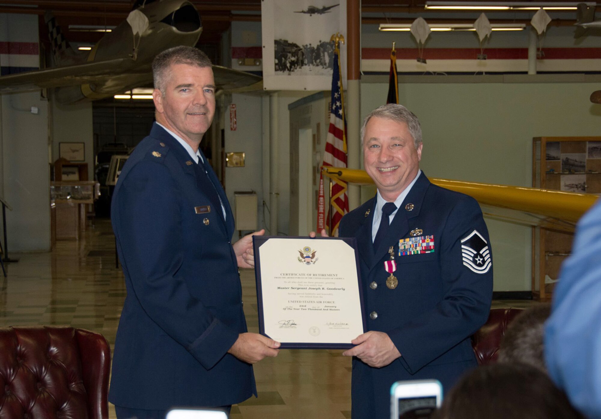 Master Sergeant Joseph Goodearly, 349th Aircraft Maintenance Squadron section chief, retires after 33 years of service in the U.S. Air Force Reserve Dec. 6, 2015 at Travis Air Force Base, Calif. (U.S. Air Force photo/Airman 1st Class Shelby R. Horn)
