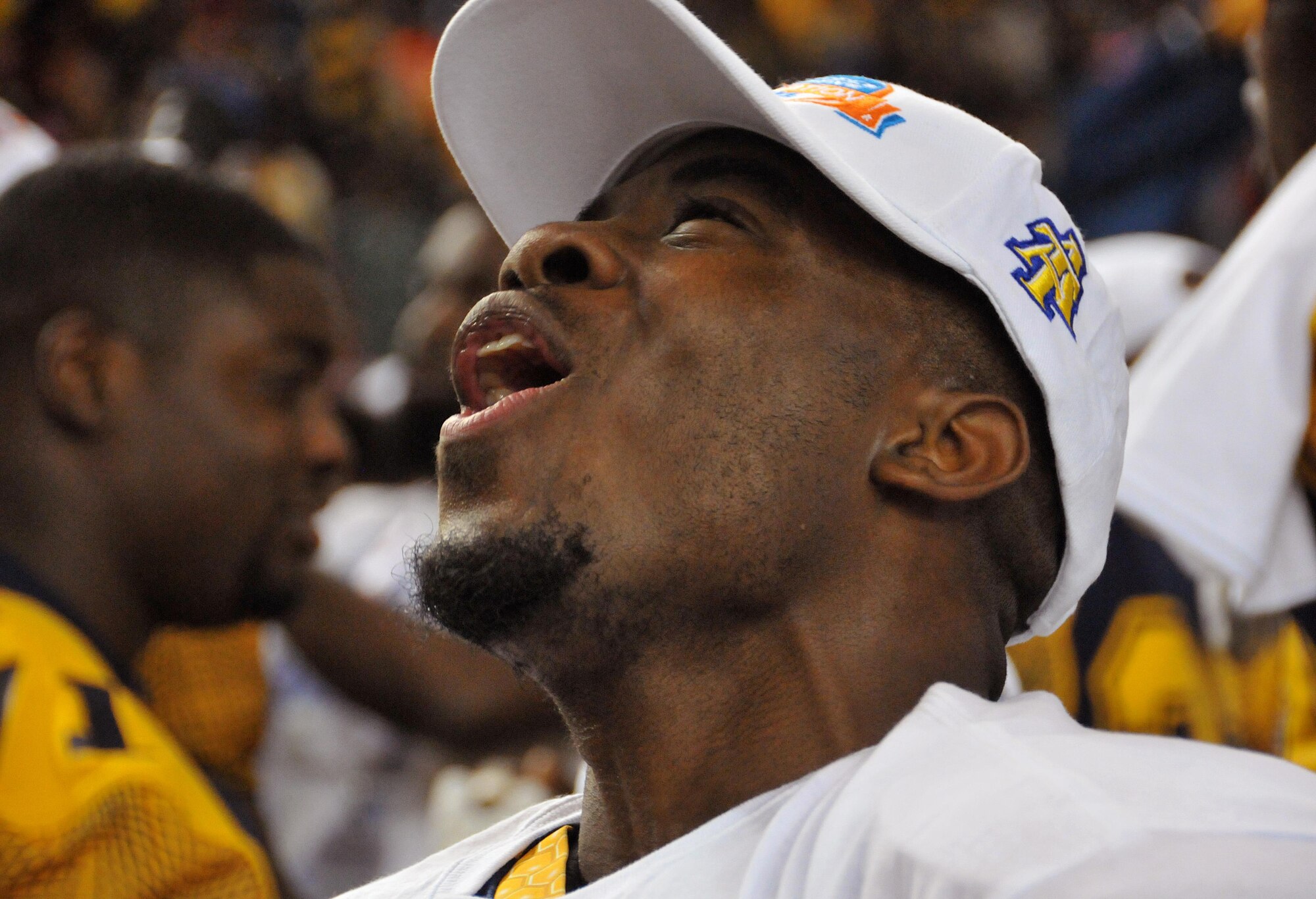 A North Carolina A&T football player shouts in excitement at the inaugural Air Force Reserve Celebration Bowl Dec. 19 at the Georgia Dome in Atlanta. His excitement came at the conclusion of the game when it was determined that the A&T Aggies were the new Celebration Bowl champions. (U.S. Air Force photo/Senior Airman Andrew Park)