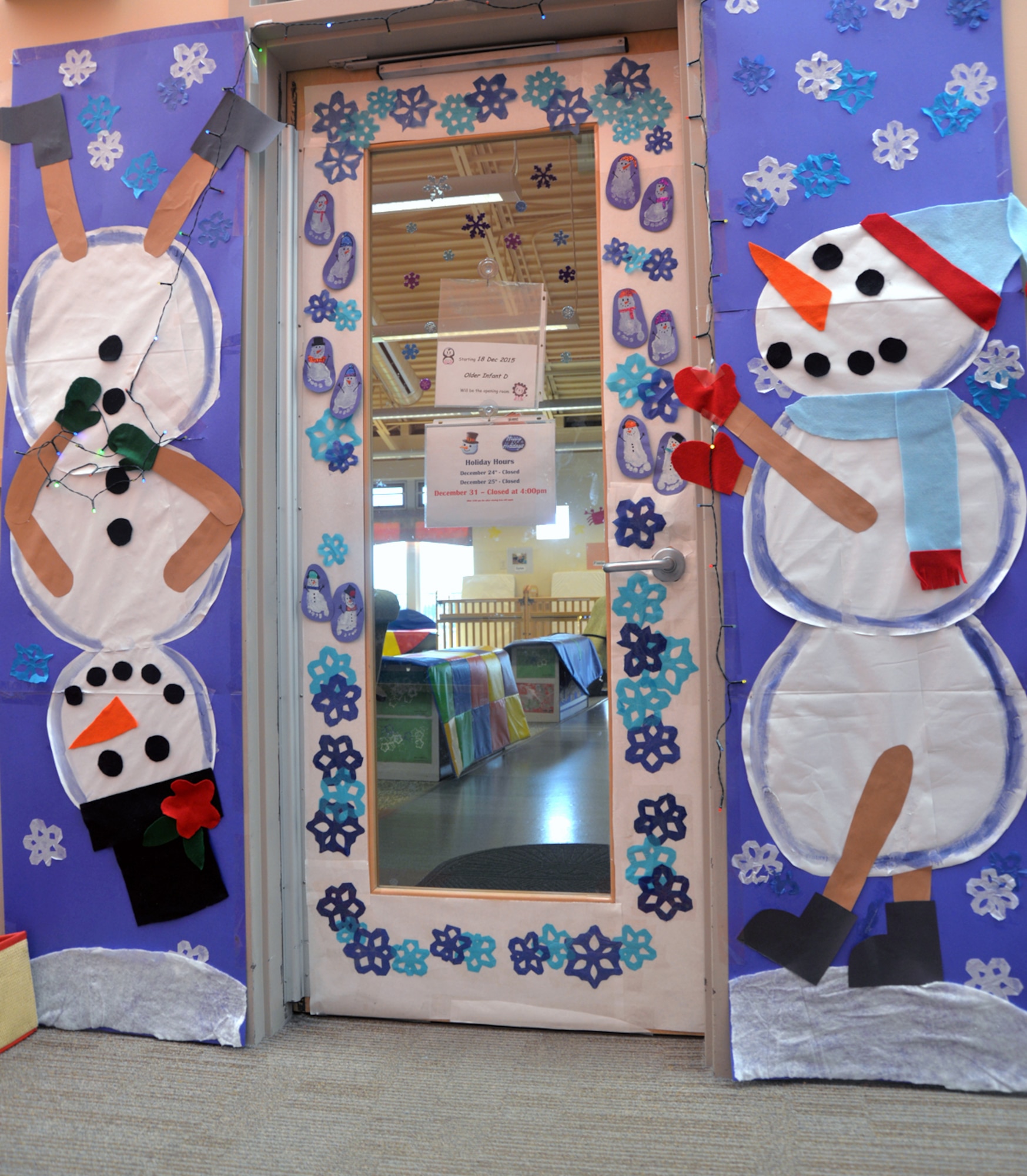 The halls and doors of the Offutt Child Development Center II stand decorated for the holiday season Dec. 18 on Offutt Air Force Base, Neb. The winner of the decorating competition was given funding toward extra educational supplies. (U.S. Air Force photo by Kendra Williams)