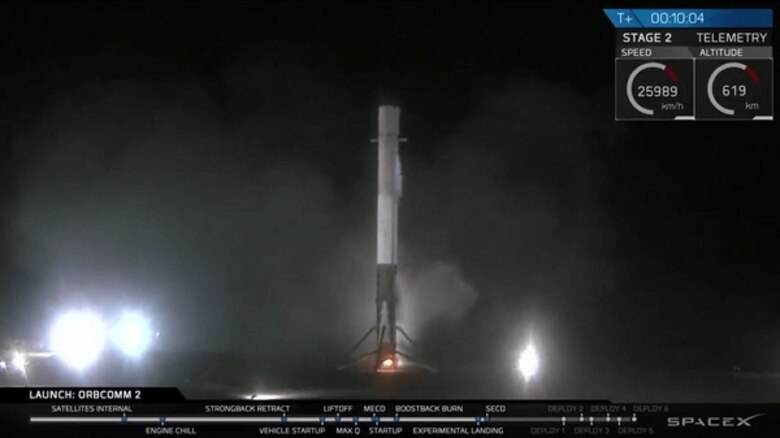 Nine minutes following the successful launch of ORBCOMM’s OG2 communications satellites was the first-ever successful landing of SpaceX’s Falcon 9 first stage booster at Landing Zone 1 (formerly Complex 13) at 8:38 p.m. EST Dec. 21, 2015, on Cape Canaveral Air Force Station. (Courtesy photo by SpaceX/limited release)