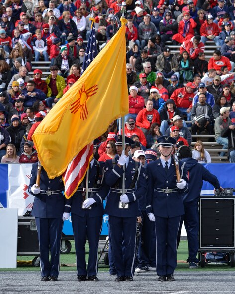 Kirtland Honor Guard presents the colors at the UNM Gildan Bowl Dec. 19. (Photo by Jamie Burnett)