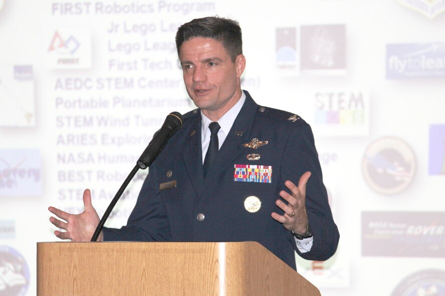 The American Institute of Aeronautics and Astronautics, Tennessee Section held a luncheon meeting Nov. 18 at the Arnold Lakeside Center. The guest speaker for the event was AEDC Commander Col. Rodney Todaro. Todaro, pictured, spoke to the group regarding the impact that AEDC has on the community, touching on the strides that the AEDC Science, Technology, Engineering and Math Program has made in getting area youth excited about careers in these fields. (U.S. Air Force Photo/Holly Fowler)