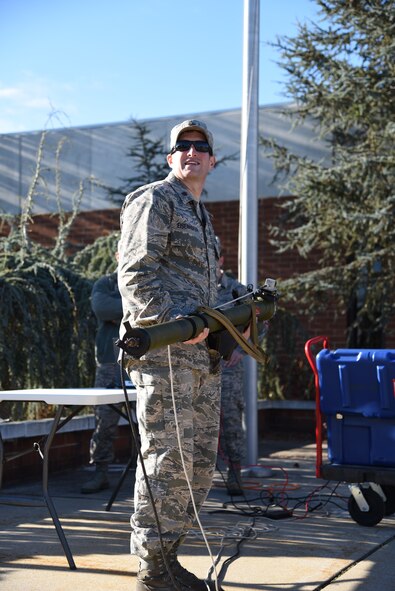 Maj. Drew Eisenhofer, 108th Wing Inspector General instructs students on the use of the SA-7 Grail surface-to air missile system at the Air Force Expeditionary Training Center at Joint Base McGuire-Dix-Lakehurst, N.J. on Dec. 16, 2015. “The students are all from intelligence Air Force Specialty Codes of some kind and it's important for them to know how the system works because it's their job to brief our aircrew on the threats on the ground,” said Eisenhofer. “The best way is to train them is to actually go out and use the system itself hands on; you don't get that in the classroom.” (U.S. Air National Guard photo by Master Sgt. Carl Clegg, Released)

